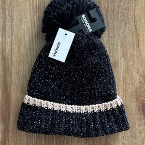 Black Cuffed Pom Beanie with Gold Band and Glitter Accent